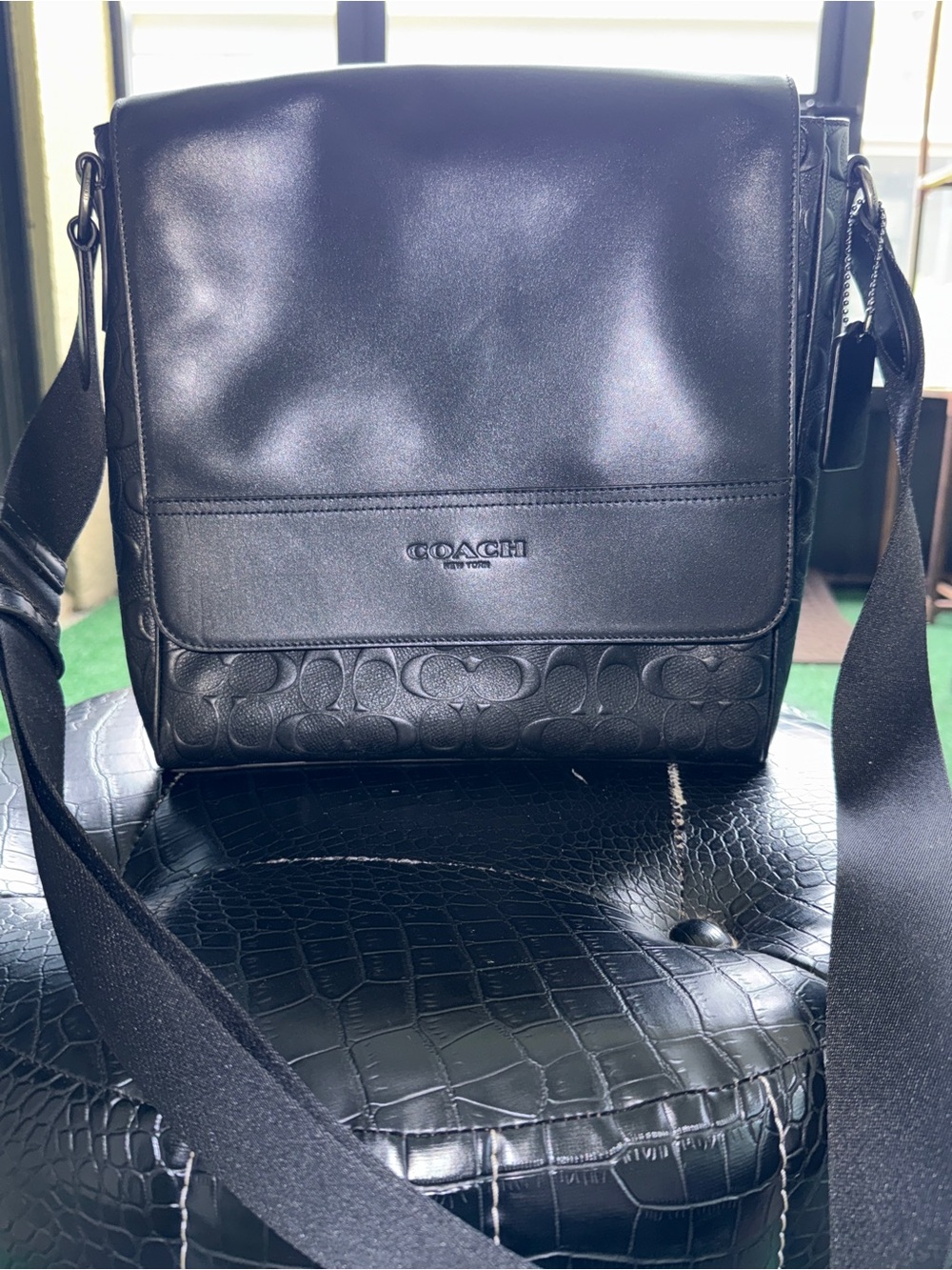 Coach Black Debossed Leather Signature-Trim Messenger Flight Bag Crossbody